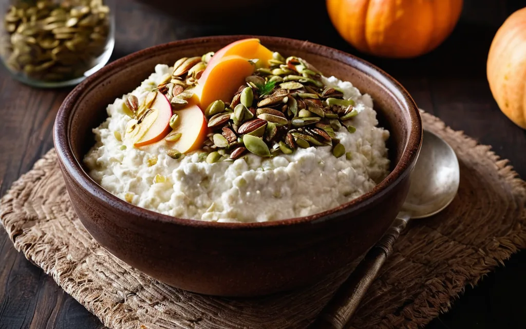 Bol cottage cheese, pomme râpée et graines de courge