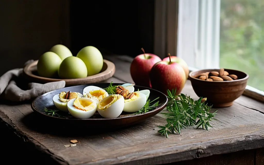 Œufs durs, pomme et amandes