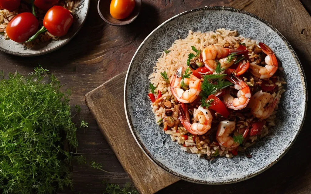 Crevettes façon cajun, riz complet et poivrons