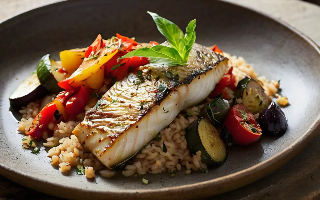 Cabillaud rôti et ratatouille, riz complet