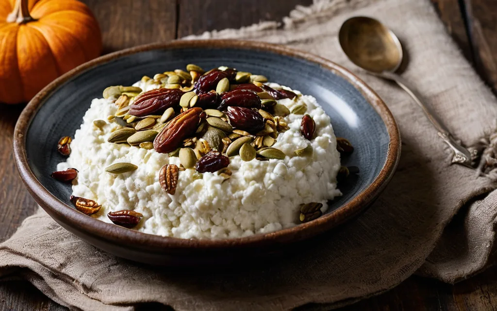 Cottage cheese, dattes et graines de courge