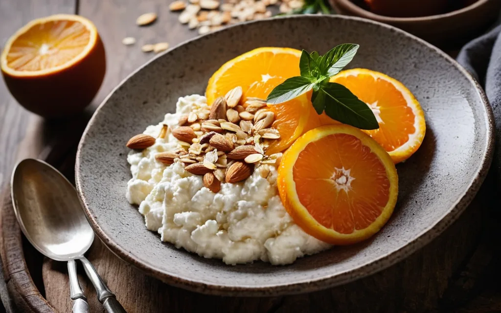 Bol cottage cheese, orange et amandes