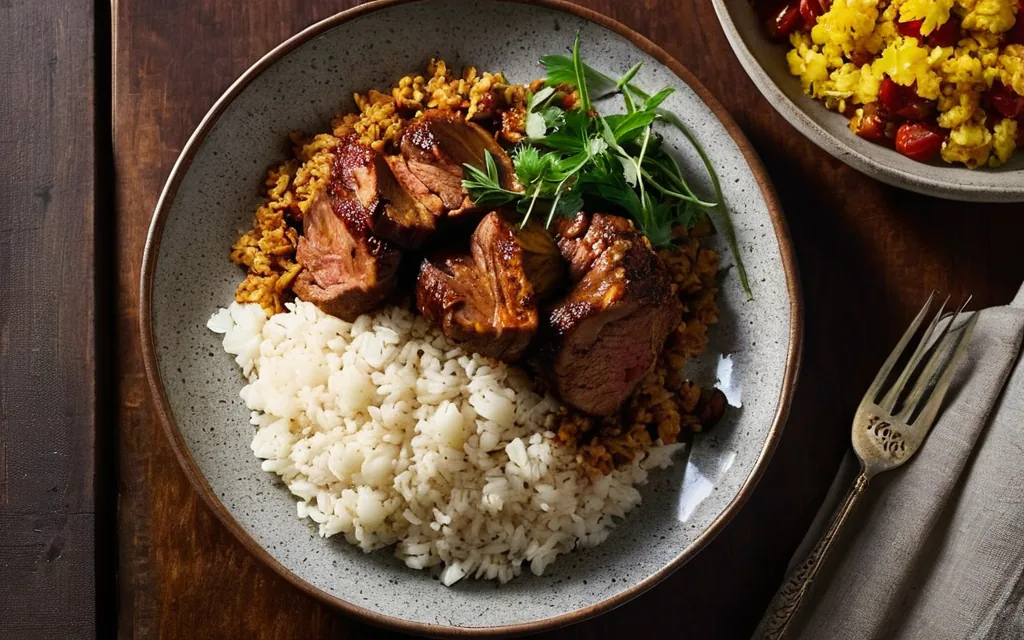 Filet mignon épicé façon vindaloo, riz et chou-fleur