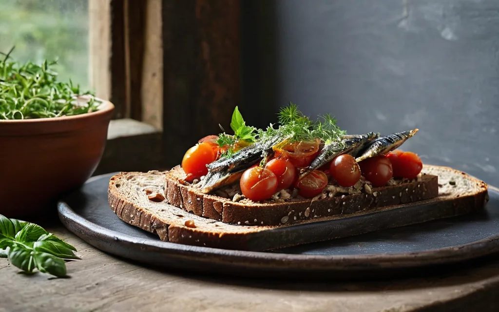 Tartine de pain complet, maquereau et tomate