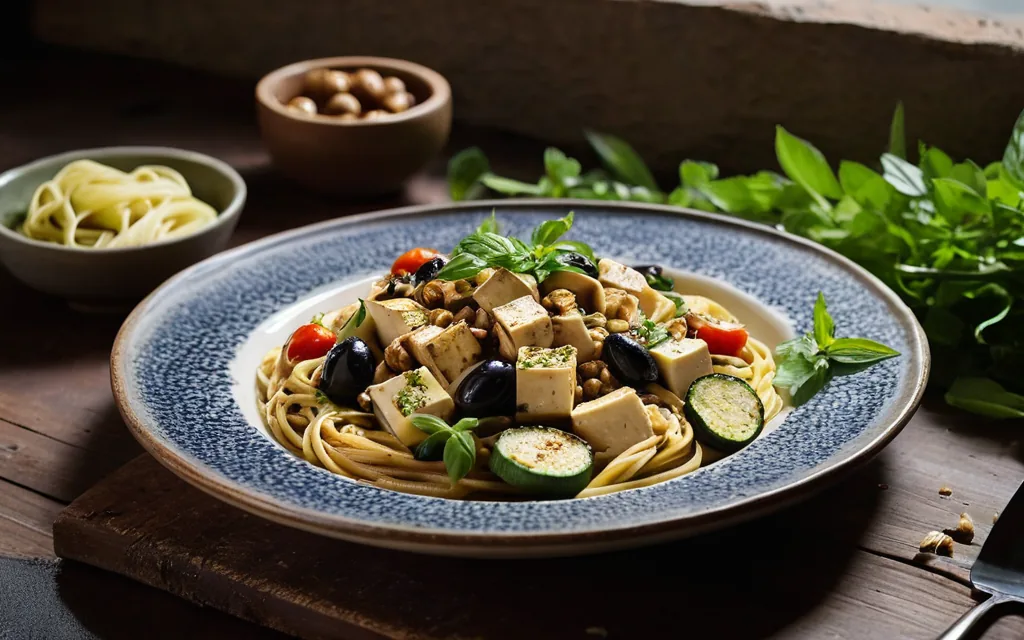 Pâtes complètes au tofu, courgette et olives