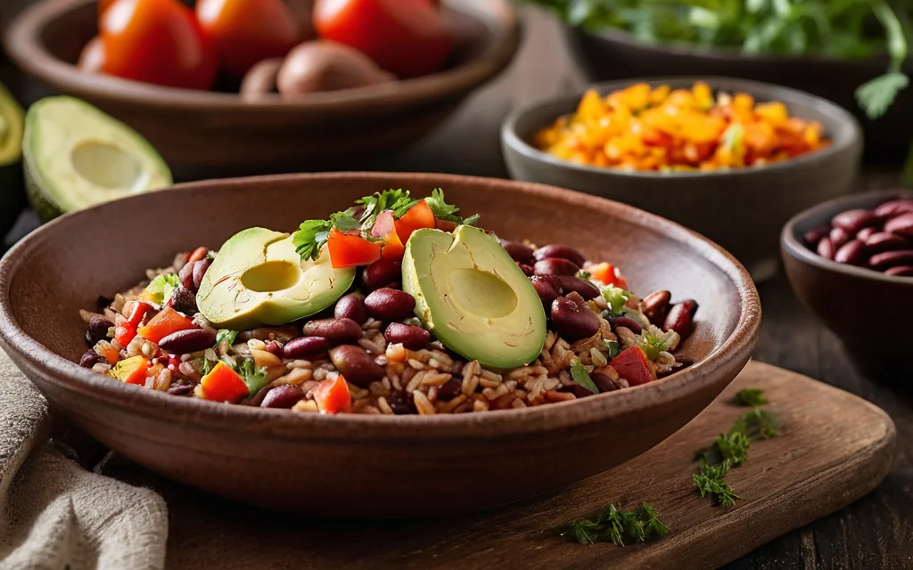 Bol mexicain de haricots rouges, riz et avocat