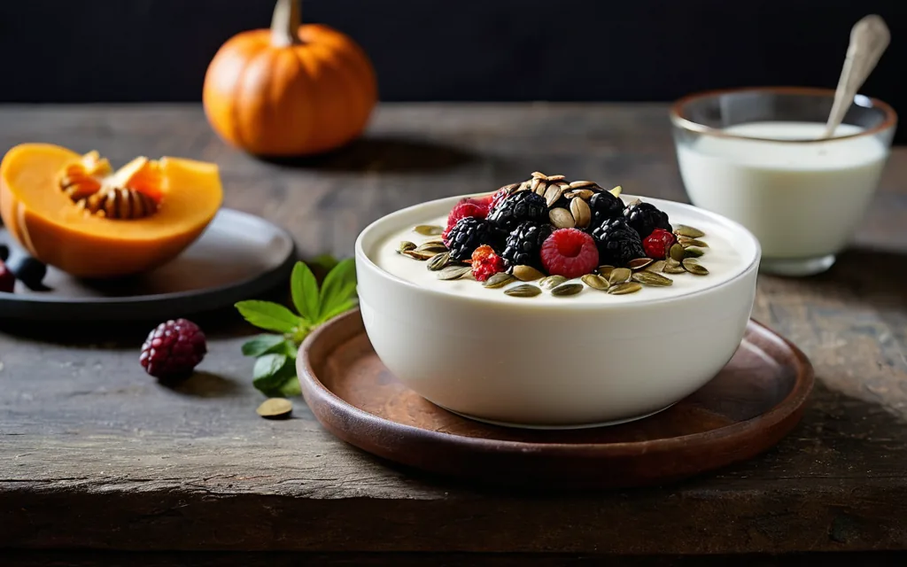 Yaourt nature, fruits rouges et graines de courge