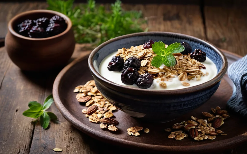 Bol de yaourt, raisins secs et avoine