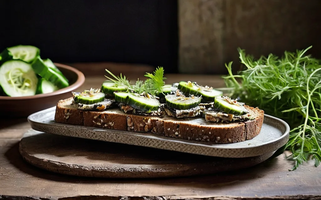 Tartine de pain complet, sardines et concombre