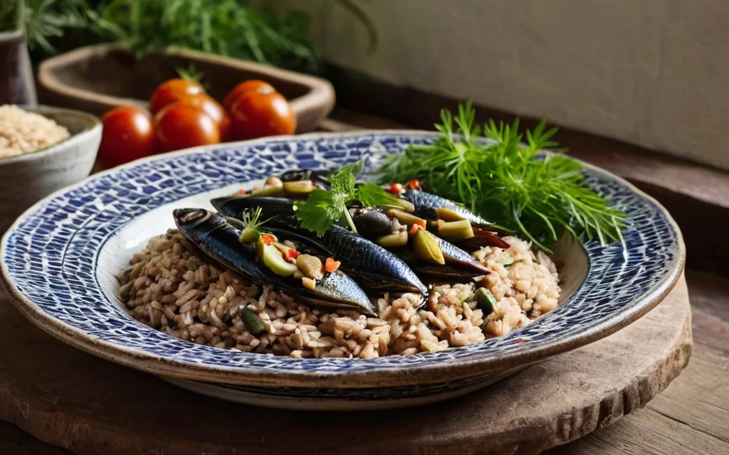 Bol méditerranéen de sardines, riz complet et olives