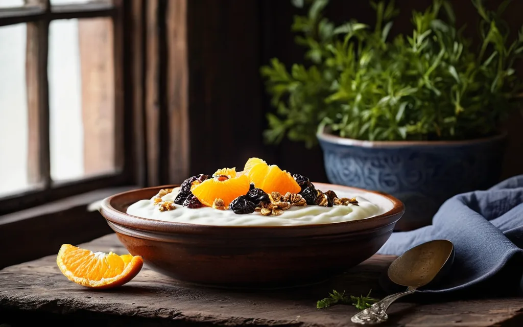 Bol de skyr, orange et raisins secs