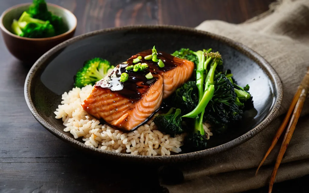 Bol de saumon teriyaki, riz complet et brocoli