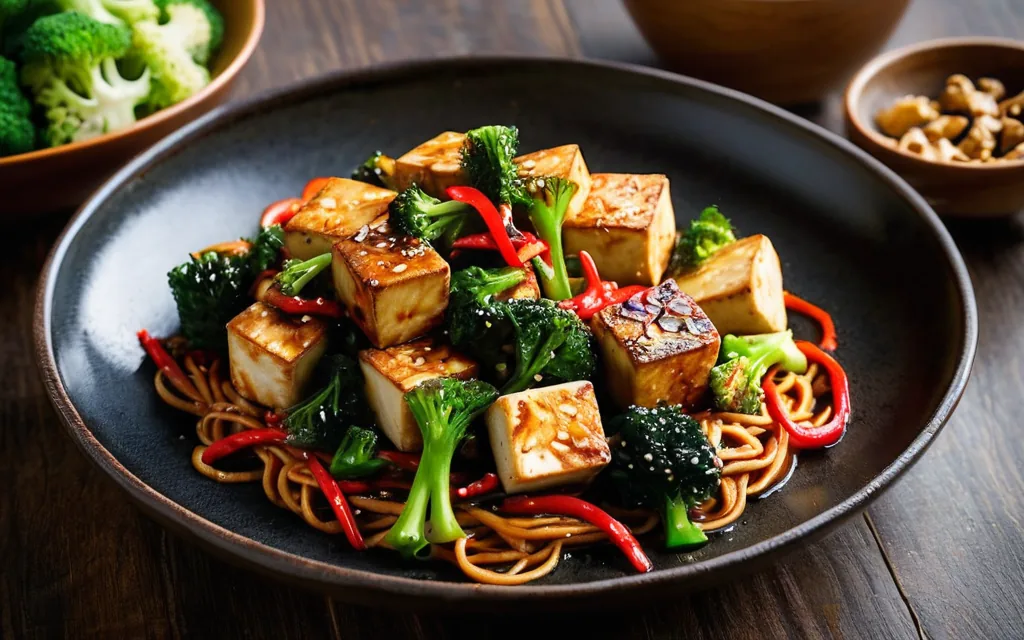 Sauté de tofu et légumes, nouilles complètes