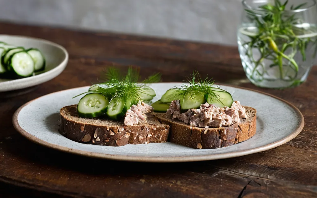 Tartine de pain complet, thon et concombre