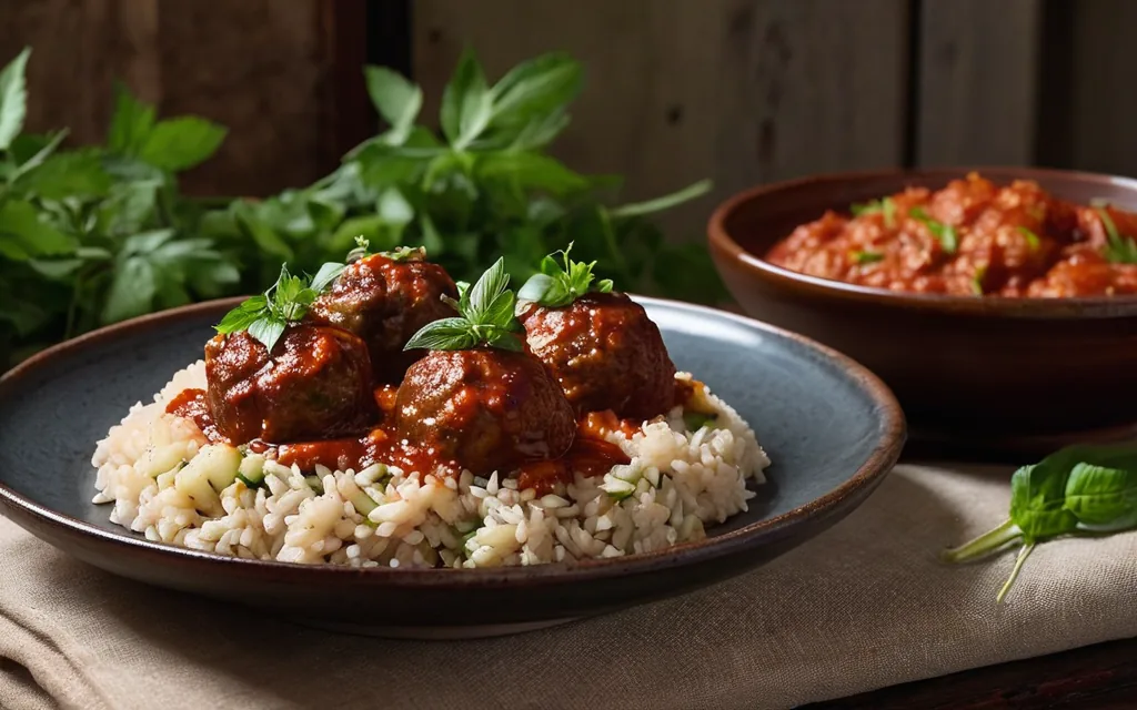 Boulettes de dinde sauce tomate, riz et courgettes