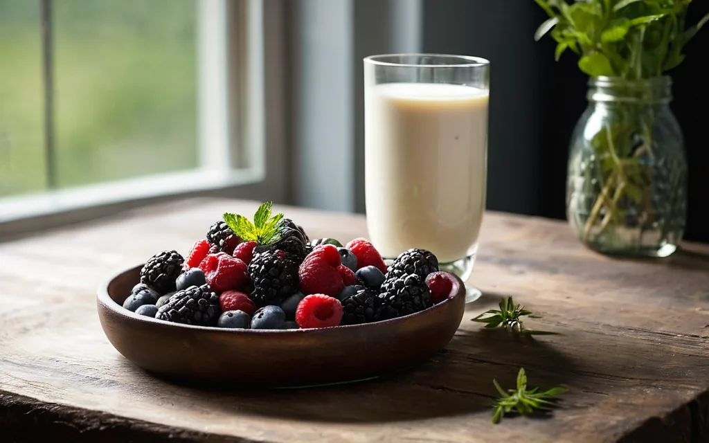 Shake protéiné whey, fruits rouges et lait