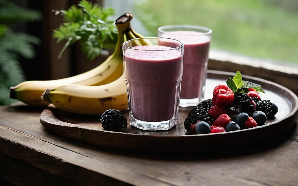 Smoothie whey, banane et fruits rouges